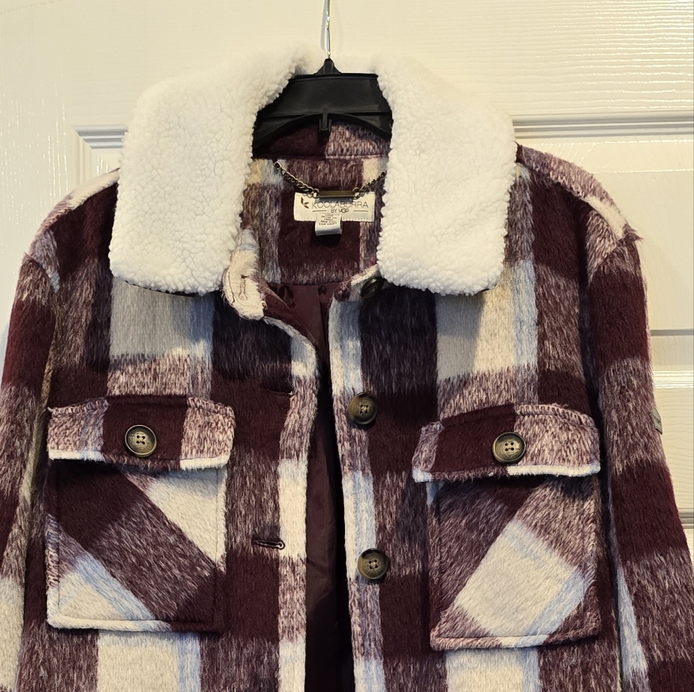 Ugg Koolaburra Plaid Mid Length Coat Shacket Jacket Removable Fur Collar - Picture 15 of 16